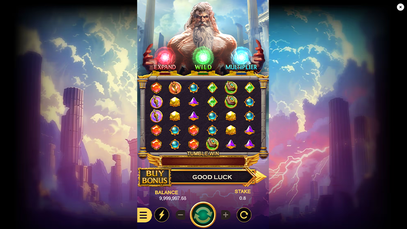 Zeus dominates the reels as lightning effects, glowing symbols, and smooth tumble animations fill the screen.