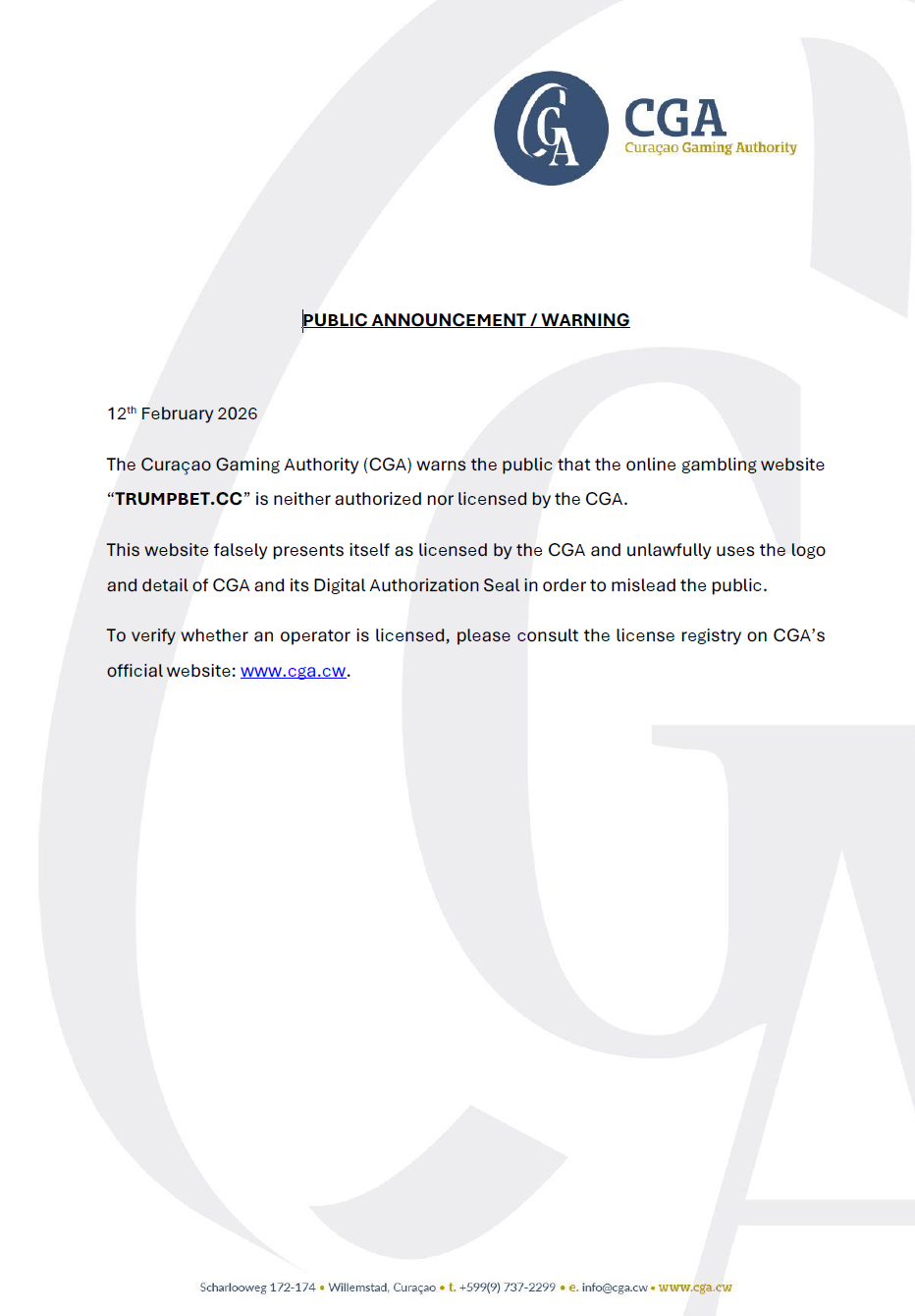 CGA Public Announcement February 2026