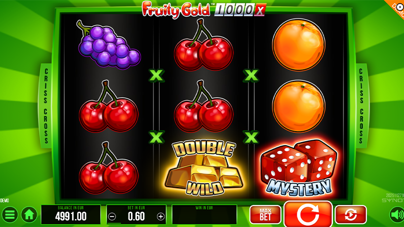 Fruity Gold 1000 reels showing Double Wild and Mystery dice symbols alongside classic fruit icons on the 3-reel grid.