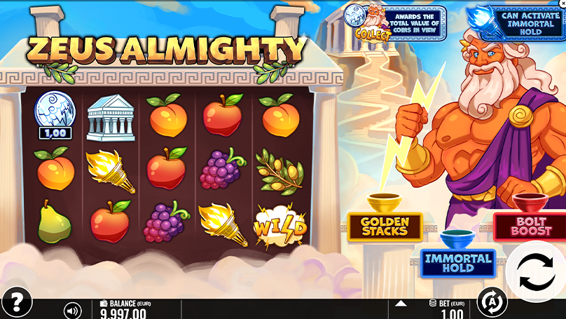Zeus Almighty slot screen displays Golden Stacks, Bolt Boost, Immortal Hold features, and the collect coin mechanic.
