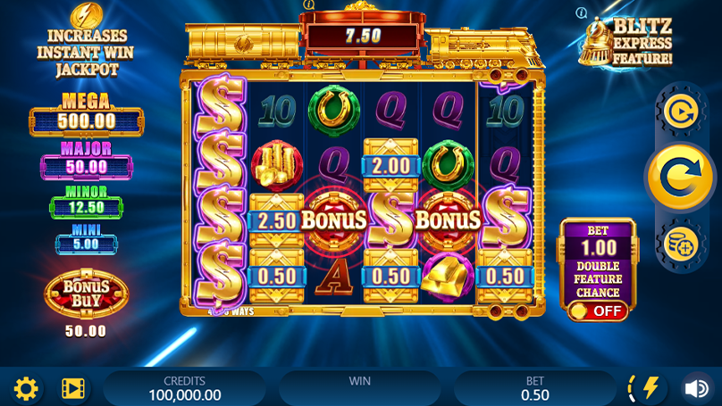 Gold Blitz Express base game showing cash values, jackpots, and collect symbols on six reels.