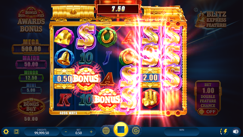 Gold Blitz Express winning screen with stacked dollar symbols, bonus triggers, and glowing win effects.