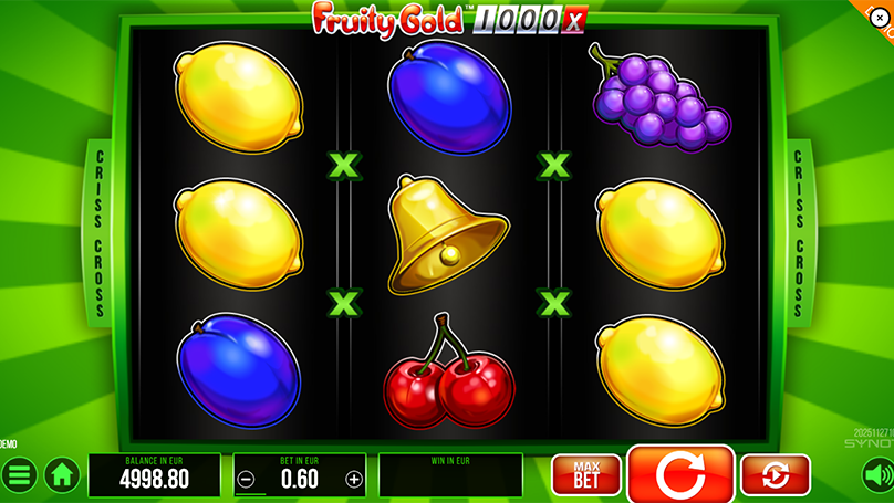 Fruity Gold 1000 base game reels with classic fruit symbols like lemons, plums, grapes, cherries, and a bell on a 3x3 criss-cross grid.