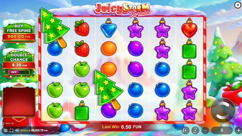 Game interface showing tumble-based gameplay with falling symbols, Christmas tree icons, fruit candies, and active bonus feature buttons on the side panel.