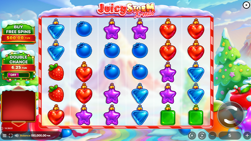 : Six-reel slot layout displaying colorful candy symbols, Christmas ornaments, and festive decorations with Buy Free Spins and Double Chance options visible on the left panel.