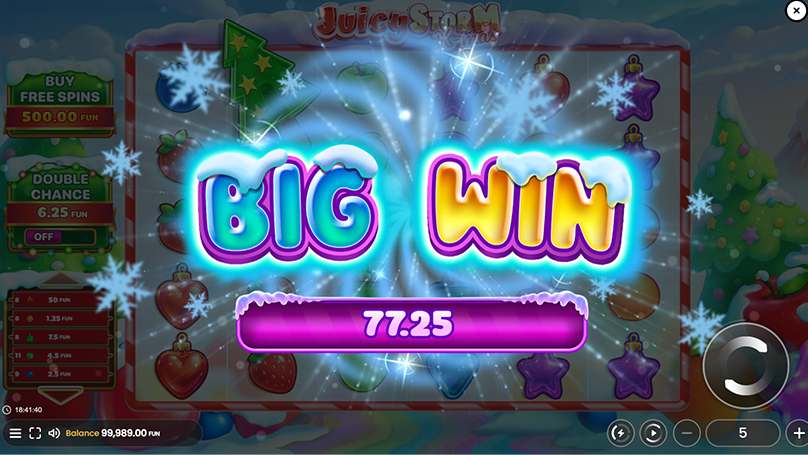 Big win of €77.25 notification showing a highlighted payout amount with glowing effects, snowflake animations, and frozen-style lettering over the active reels.
