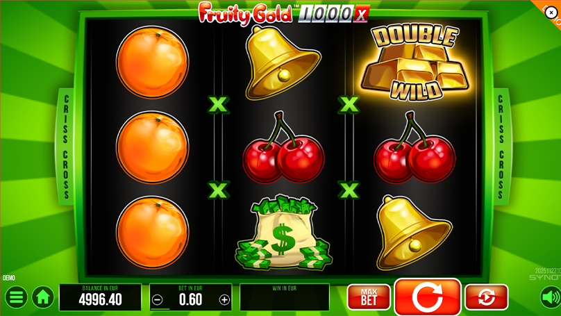 Fruity Gold 1000 reels showing Double Wild symbol alongside fruits, bells, and cash symbols on the 3x3 criss-cross grid.
