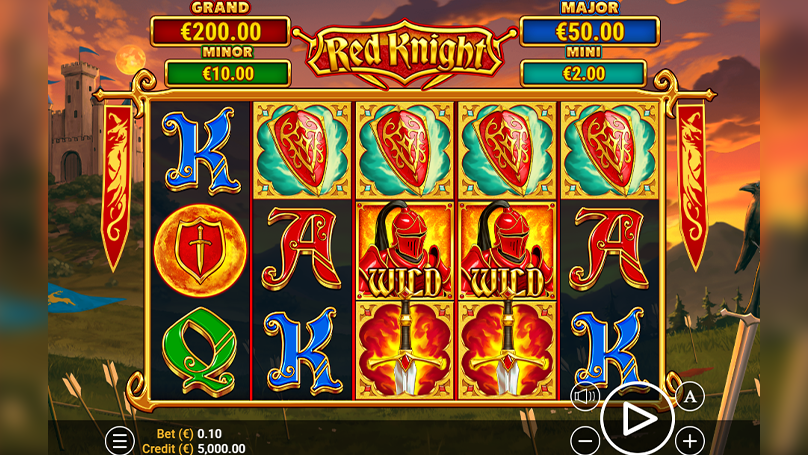 Red Knight slot base gameplay showing 5 reels, Wild symbols, and fixed jackpot meters at the top