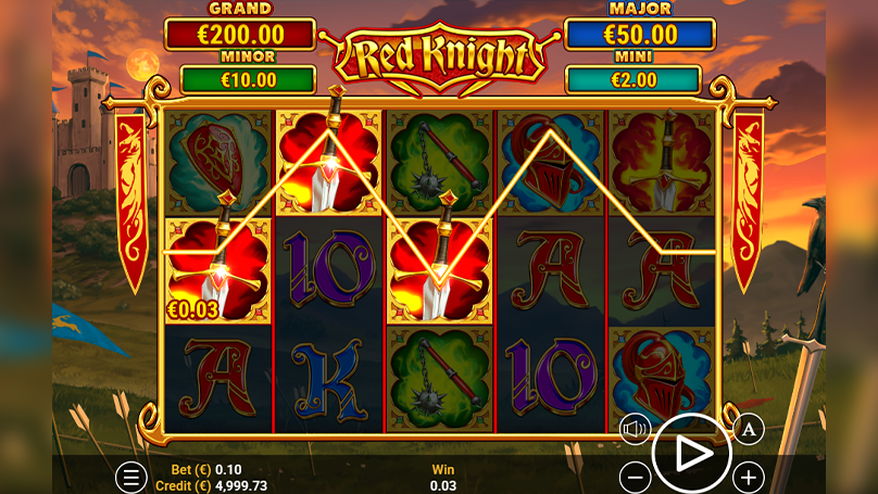 Red Knight winning screen highlighting sword symbols, active paylines, and a small cash win.