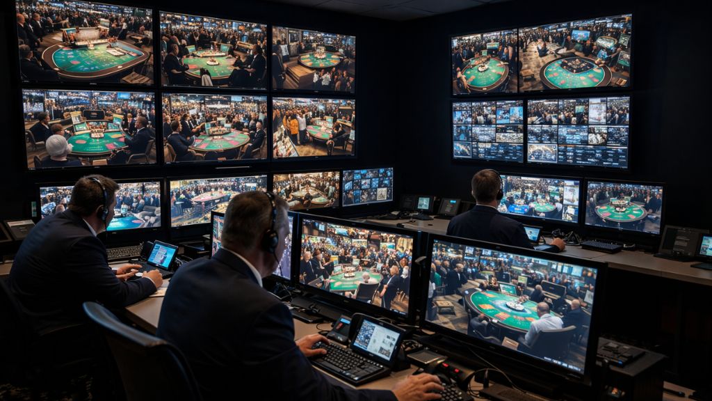 Casino surveillance staff monitor live feeds from gaming tables