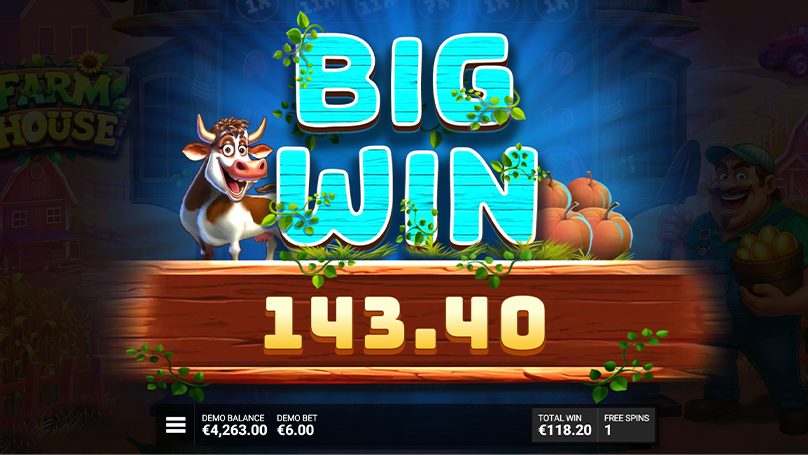 The Farmhouse slot delivers a win of €143.40 on a bet of merely €6 following the free spins bonus round. 