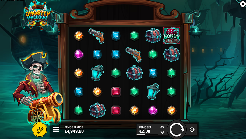 Treasure chest Bonus symbol lands on the reels alongside pistols, lanterns, and glowing gems.
