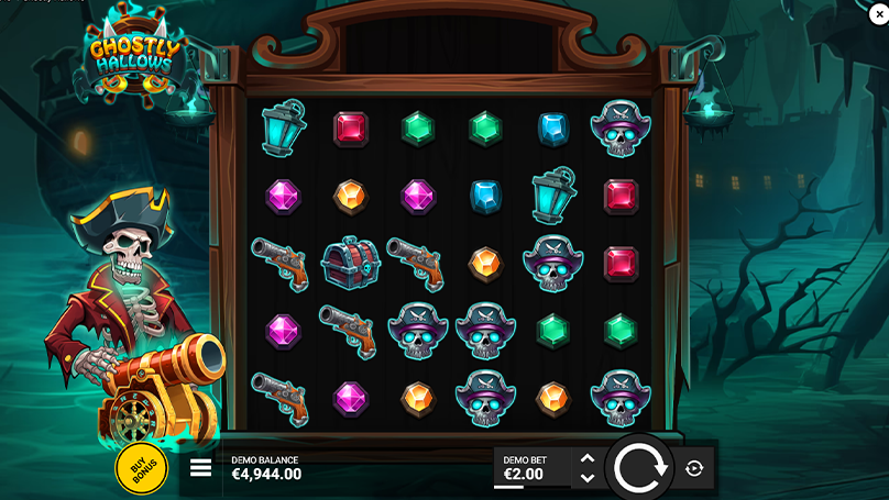 Pirate skeleton beside glowing 6x5 reels with gems, pistols, lanterns, and chests set in a foggy ghost ship scene.