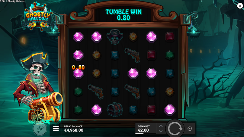 A small 0.80 Tumble Win appears as gem symbols break and reset across the reels during a cascading sequence.