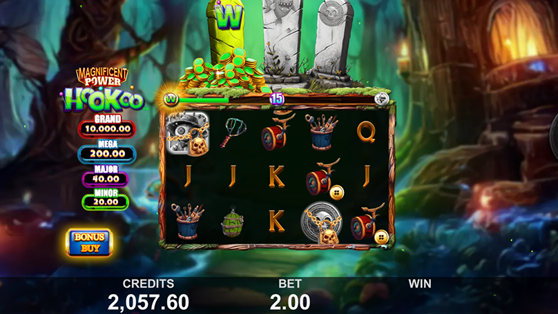 Magnificent Power HooKoo reels with locked symbols, chained icons, and countdown meter signaling a feature trigger. 