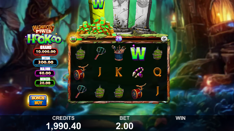 Dark fantasy forest reels with animated stone pillars, glowing Wilds, and jackpot totems in Magnificent Power HooKoo. 