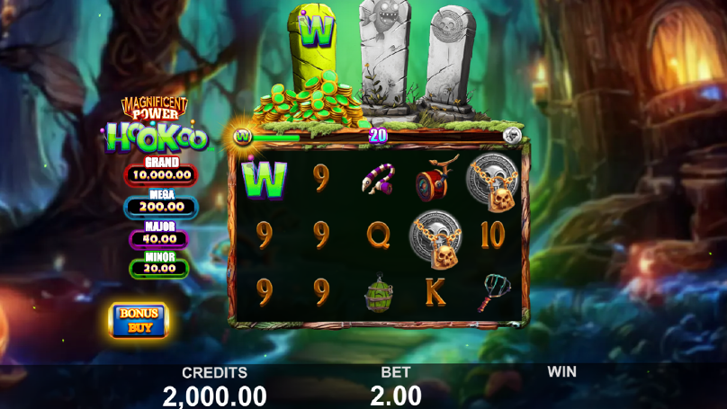 Base game spin showing low-value symbols and modest payout on Magnificent Power HooKoo’s high-volatility grid. 