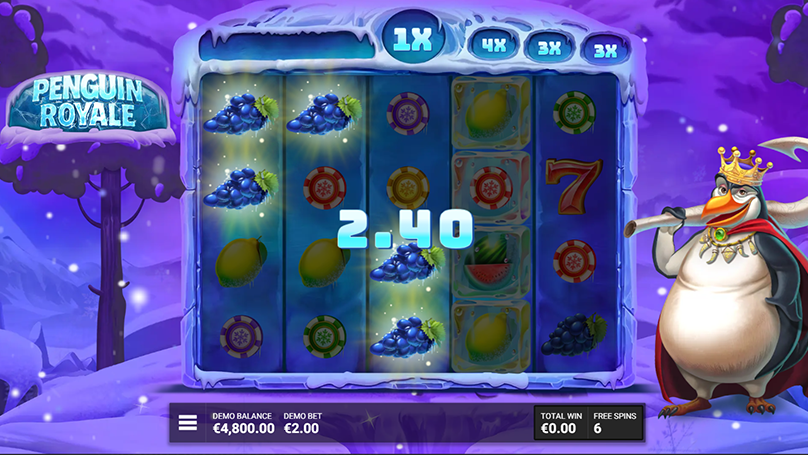 Penguin Royale free spins gameplay showing frozen reels, multipliers, and winning symbols