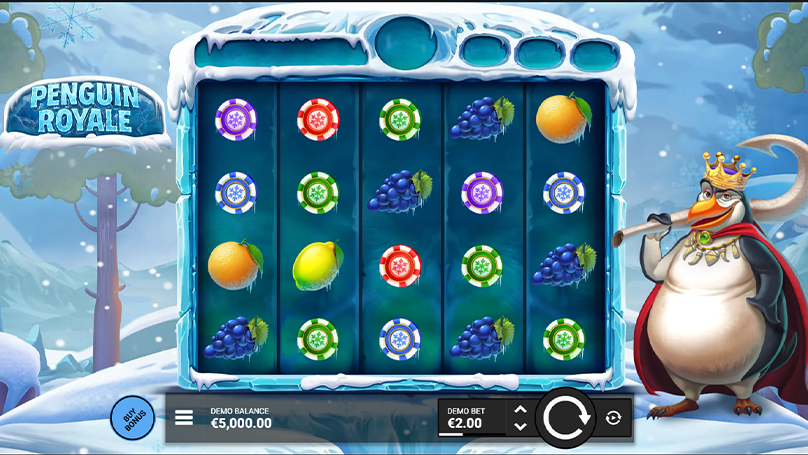 Penguin Royale slot game screen featuring icy reels, fruit symbols, and the penguin character
