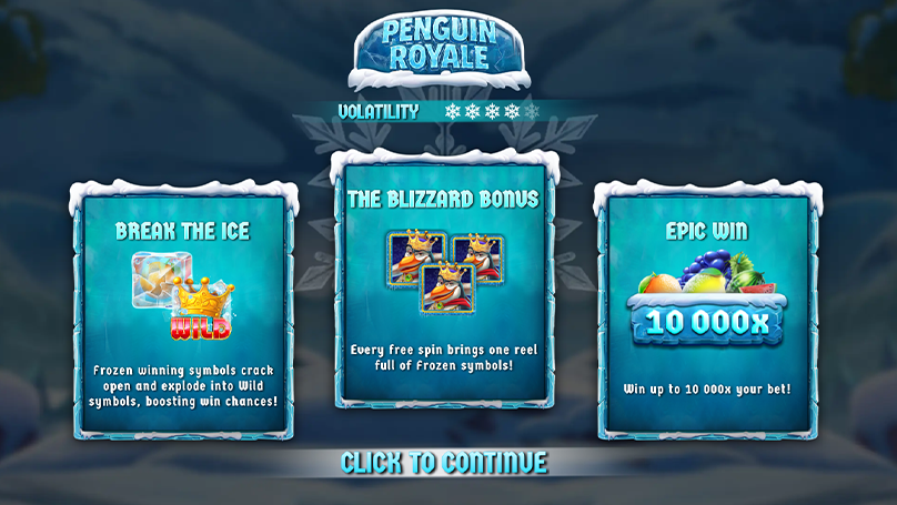 Penguin Royale introduction screen showing volatility level, bonus features, and max win info