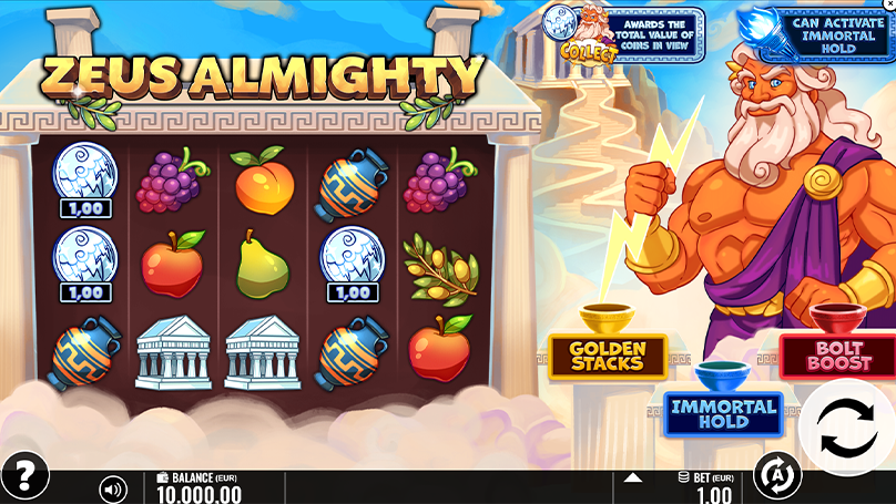 Zeus Almighty slot interface with vibrant Greek theme, animated Zeus character, and glowing coin symbols.