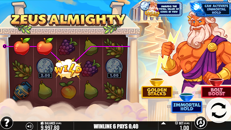 Zeus Almighty screen features a win line payout, €1 bet size, coin values, and base game volatility example.