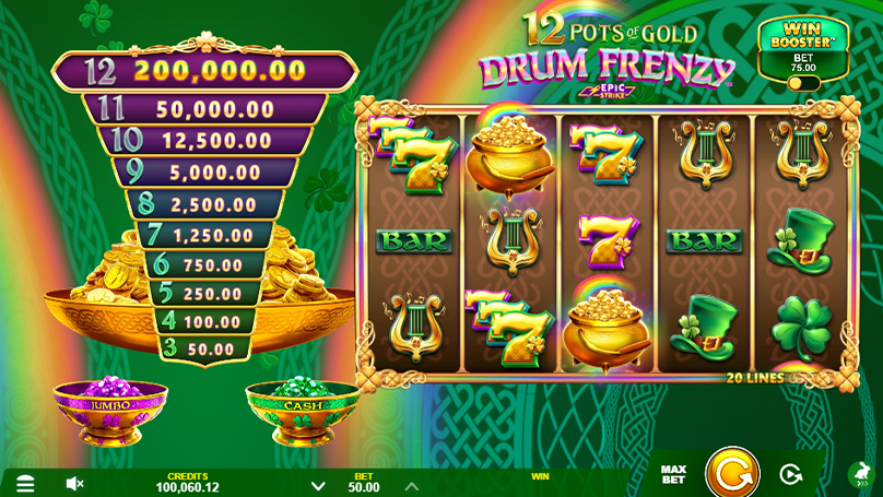 Screenshot of 12 Pots of Gold: Drum Frenzy slot game showing reels, rainbow theme, jackpot ladder, and 20 paylines.