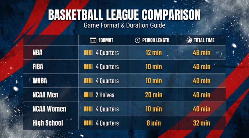 Comparison of basketball game formats and durations across major leagues, including the NBA, FIBA, WNBA, NCAA, and high school competitions.