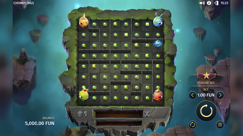 Chomplings slot game screen showing colorful animated characters, rotating walls, and a sci-fi themed 8-reel layout.
