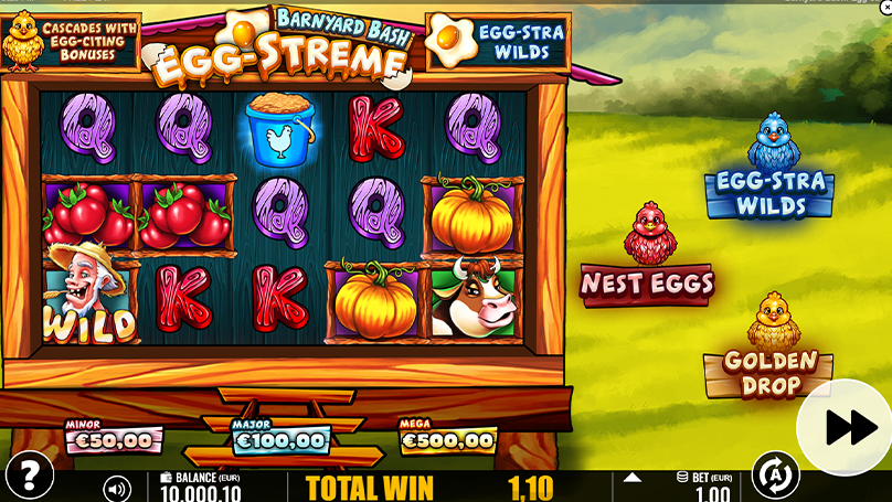 Barnyard Bash: Egg-streme interface with cascades, Egg-stra Wilds, Nest Eggs, Golden Drop and jackpot tiers.
