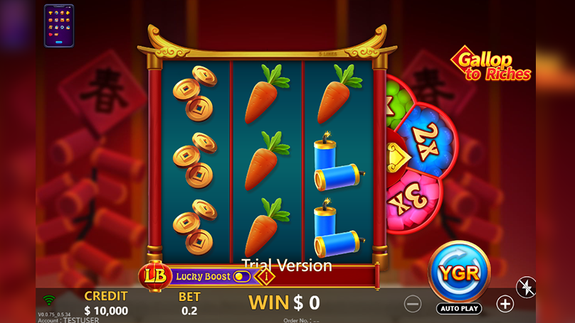 Gallop to Riches slot gameplay showing three reels, five paylines, and Lucky Wheel multipliers
