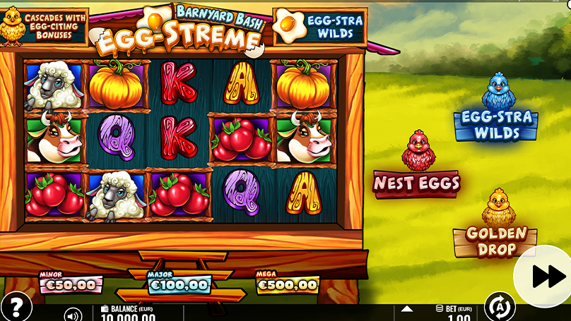 Barnyard Bash Egg-streme screen with colorful farm animal symbols, wooden reel frames, and egg-based feature panels.