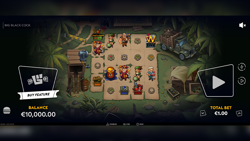 Big Black Cock slot base game screen showing 5 reels, 768 ways, Buy Feature button and €1 total bet