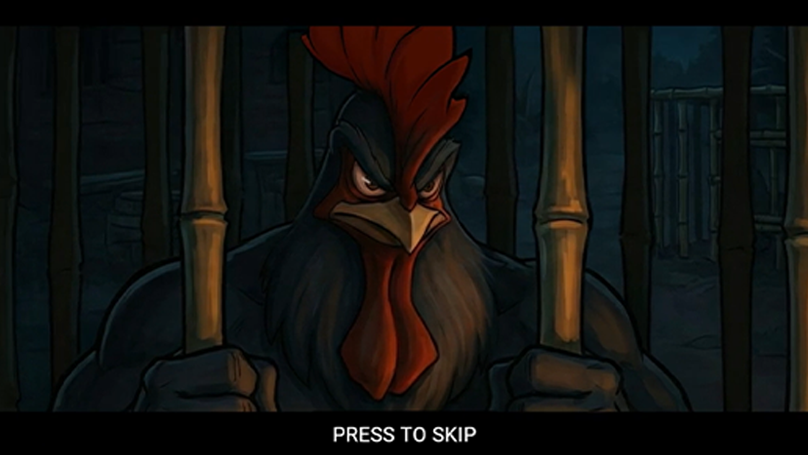 Big Black Cock intro cutscene showing a dark rooster character behind bars before gameplay starts