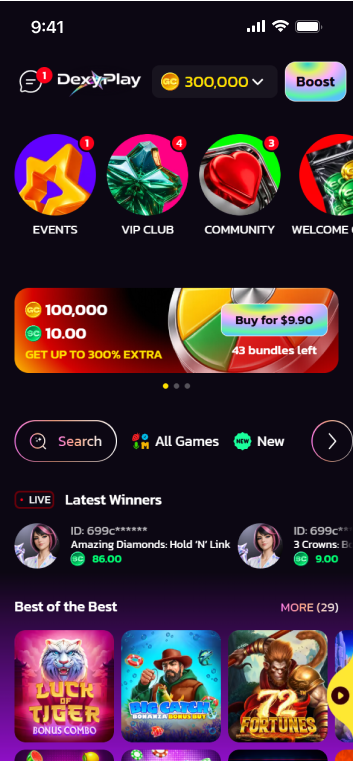 DexyPlay shows players its offerings on the main page, which include bonuses and promotions, games, and even stories. 