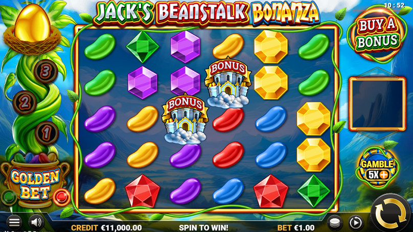 Base game of Jack’s Beanstalk Bonanza with a 6x5 grid, regular symbols and beanstalk at the left of the grid.