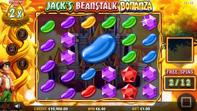 Free spins game of Jack’s Beanstalk Bonanza with golden beanstalk, multiplier value of the golden egg, giant symbol.