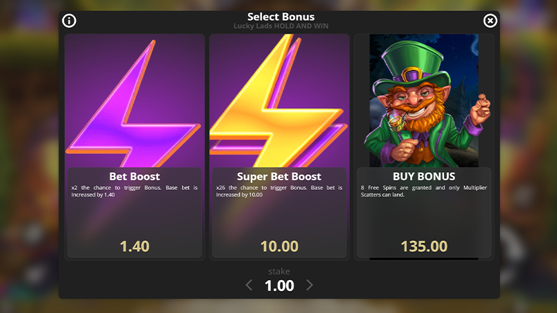 Bonus selection screen showing Bet Boost, Super Bet Boost, and Buy Bonus options in Lucky Lads slot