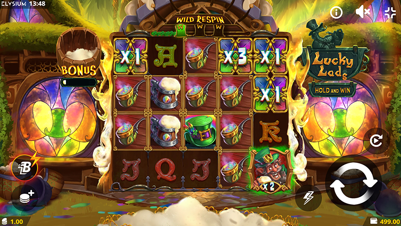 Lucky Lads slot gameplay screen showing multipliers and Hold & Win Wild Respin feature