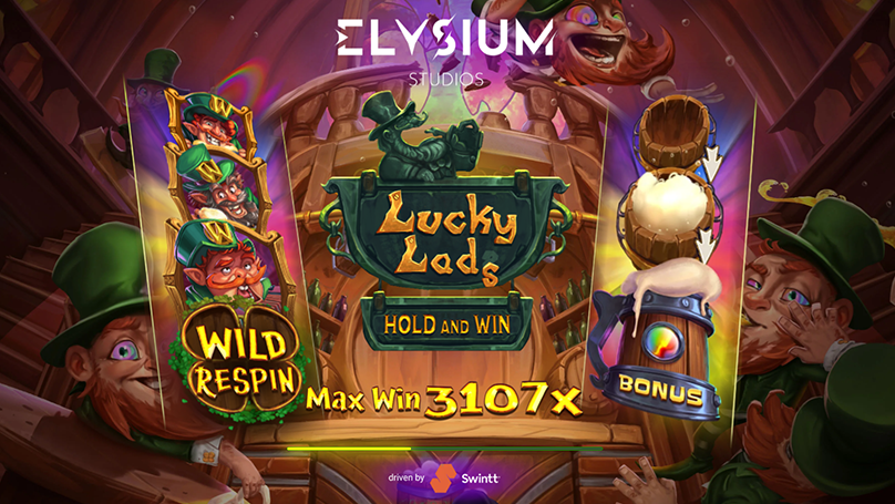 Lucky Lads Hold & Win slot intro screen displaying max win of 3107x and bonus feature icons