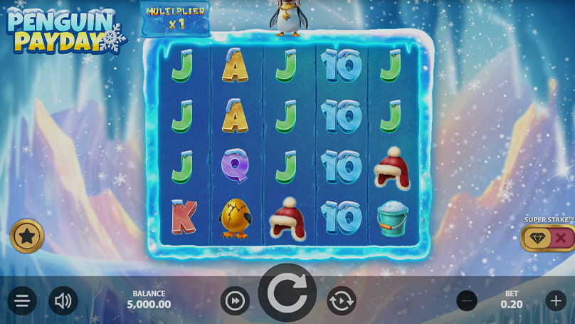 Base game of Penguin Payday slot by Stakelogic with a 5x4 grid, a Penguin symbol at the top and different regular symbols on the grid.