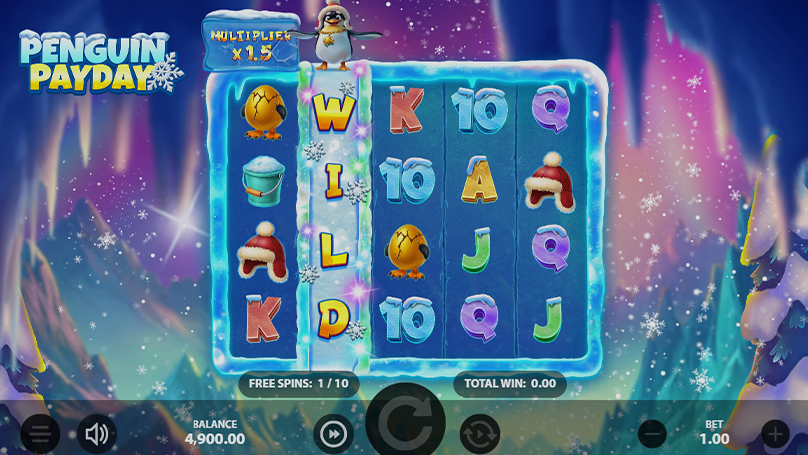 Free spins gameplay in Penguin Payday slot by Stakelogic featuring an expanded wild and x1.5 multiplier on a 5x4 grid
