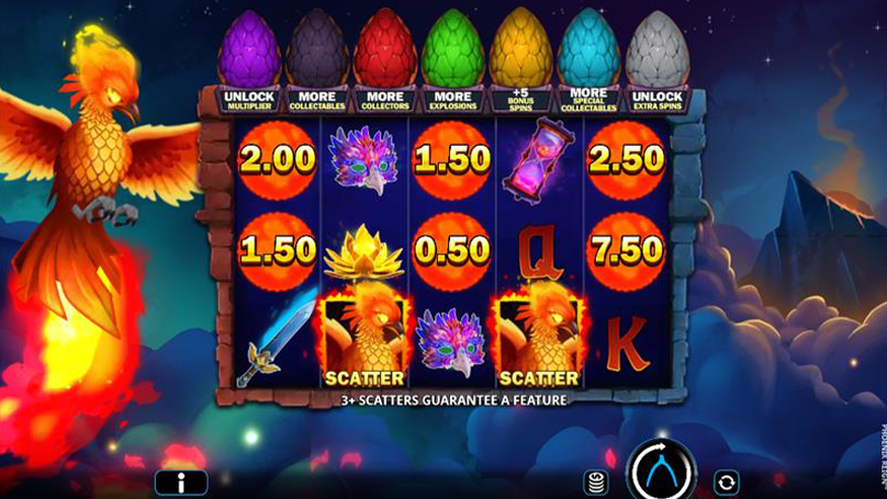 Phoenix Reign reels displaying Eggs, Scatter symbols, and bonus upgrades above the grid