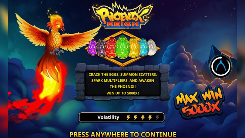 Phoenix Reign title screen featuring phoenix artwork, Egg upgrades, and 5000x max win display