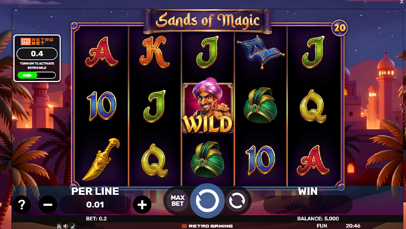 Base Game of Sands of Magic slot with 5x3 grid, high and low paying symbols and retro bet feature to the left of the grid. 
