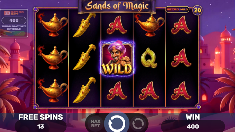 Free spins game of Sands of Magic with sticky wild symbol at the center of the grid with 13 free spins left 
