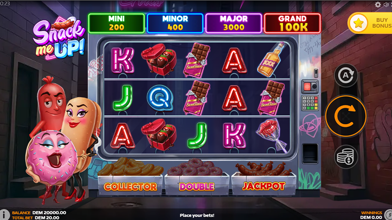 Base game of Snack Me Up! by Mancala Gaming with 5x3 grid with regular symbols, 4 types of jackpot and special symbols 