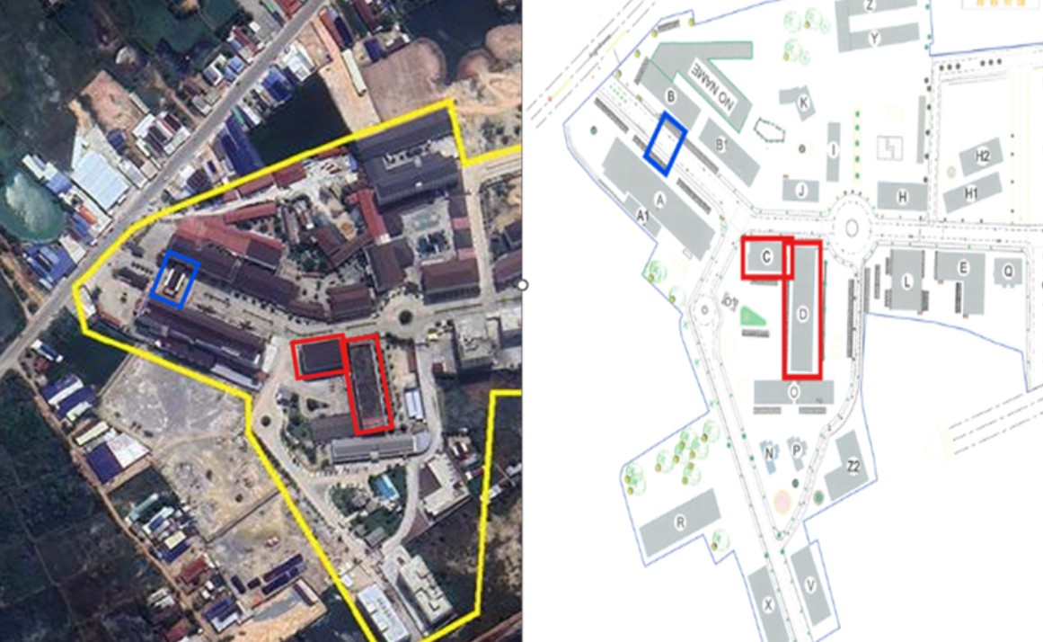 Amnesty International’s KA02 (left) and Casino Kyom (My casino)’s CGMC-approved map (right) with red boxes indicating where a victim was confined and tortured and a blue box indicating the gate he identified from images.