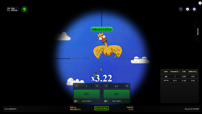 Cheeky Duck flying through a sniper scope with a rising 3.22x multiplier during a Jack and Cheeky Duck game round.