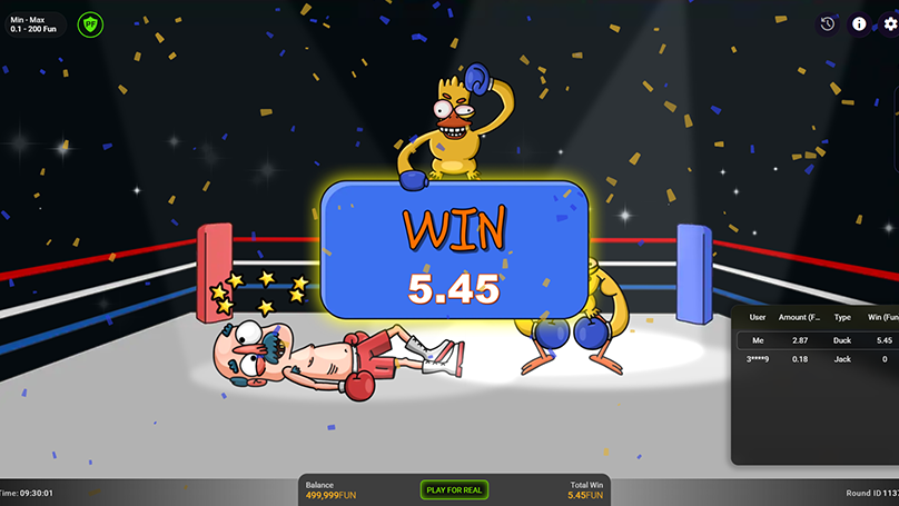 Cheeky Duck winning the Jack and Cheeky Duck boxing ring gamble with Hunter Jack knocked out on the canvas.